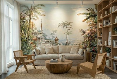 Behang met uitzicht op tropische tuin