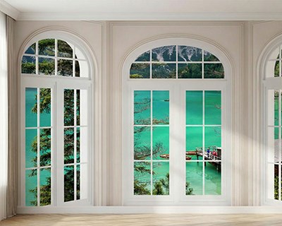 Ruit met uitzicht op het meer behang