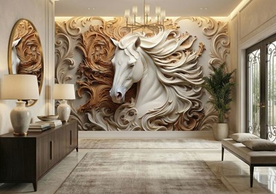 3D Witte Paard Beeld Muurbehang