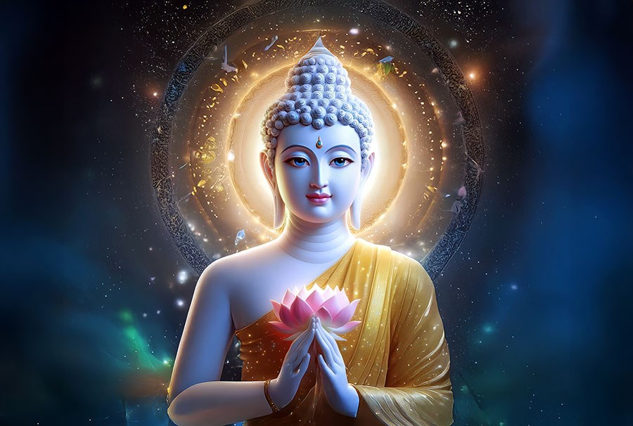 Boeddhabeeld en lotusbloem behang