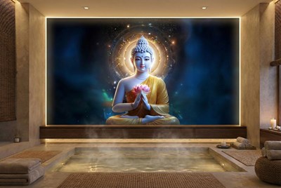 Boeddhabeeld en lotusbloem behang