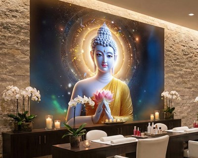 Boeddhabeeld en lotusbloem behang