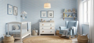 Blauw-witte vierkante patroon babykamerbehang