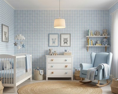 Blauw-witte vierkante patroon babykamerbehang