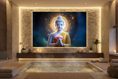 Boeddhabeeld en lotusbloem behang