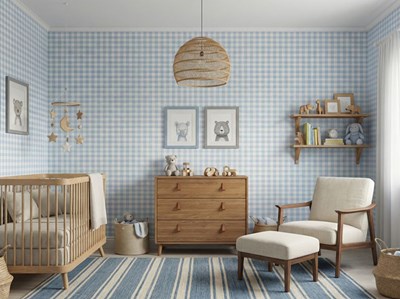 Blauw-witte vierkante patroon babykamerbehang