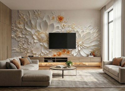 3D-behang met witte bloemen 