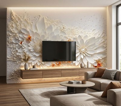 3D-behang met witte bloemen 