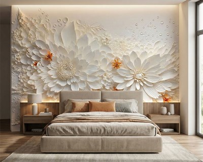 3D-behang met witte bloemen 