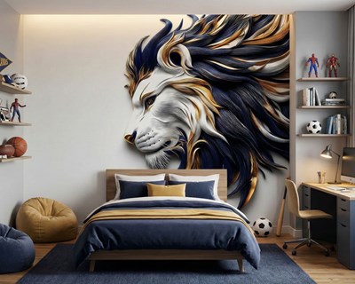 Beeldhouwwerk van een leeuwenkop als behang