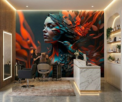 Behang met een vrouwportret dat versmelt met een vogel 