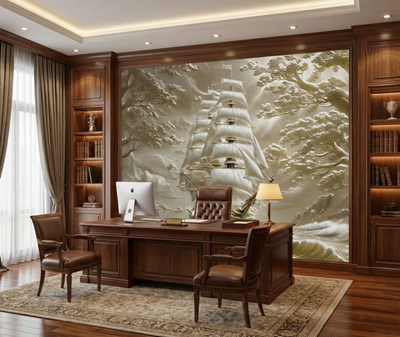 Behang met een woelige zee en een zeilschip