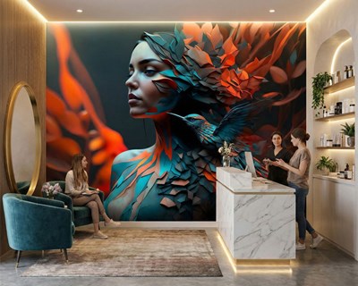 Behang met een vrouwportret dat versmelt met een vogel 