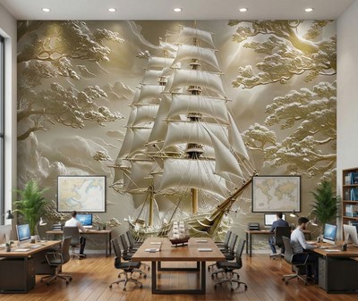 Behang met een woelige zee en een zeilschip