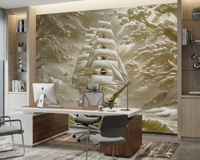 Behang met een woelige zee en een zeilschip