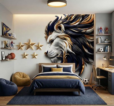 Beeldhouwwerk van een leeuwenkop als behang