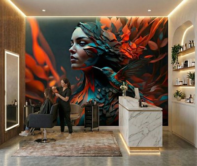 Behang met een vrouwportret dat versmelt met een vogel 