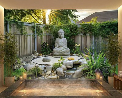 Rustige Zen-tuin-thema behang