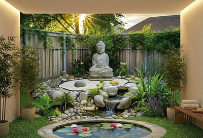 Rustige Zen-tuin-thema behang