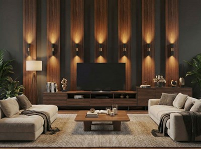 Verticaal houten wandbehang met verlichting