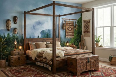 Behang met mistig bos en berggezicht 