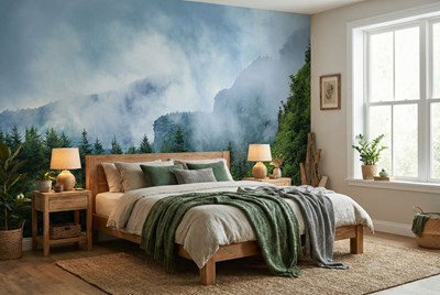 Behang met mistig bos en berggezicht 