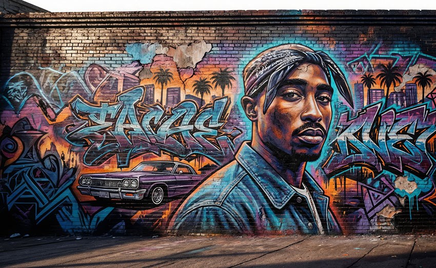 Behang met graffitikunst op baksteen