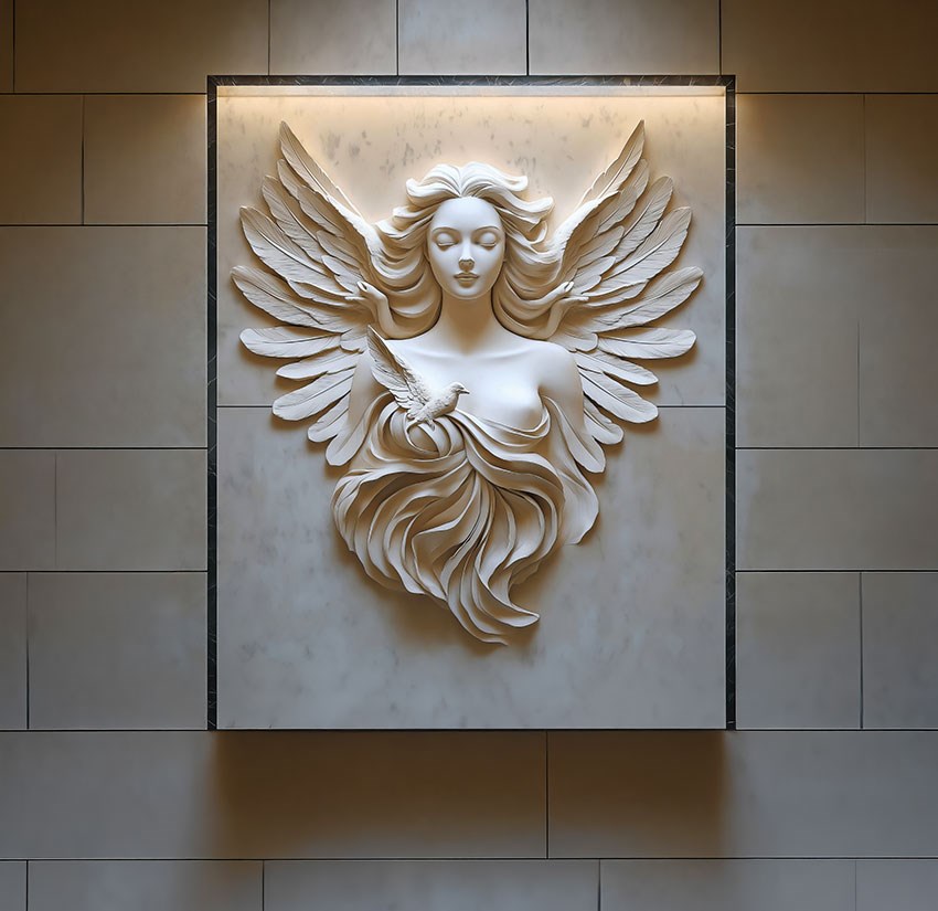 Behang met reliëf van een gevleugelde engel
