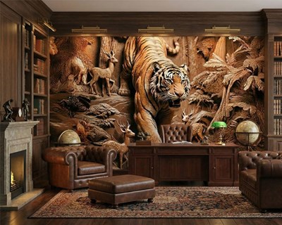3D-behang met houtsnijwerk en tijgermotief