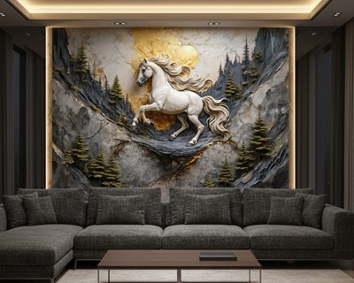 Behang met reliëfafbeelding van een wit paard