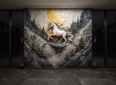 Behang met reliëfafbeelding van een wit paard