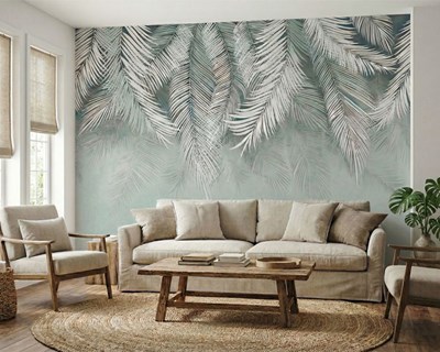 Behang met witte palmbladeren