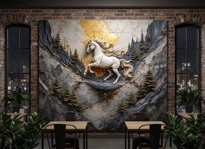 Behang met reliëfafbeelding van een wit paard