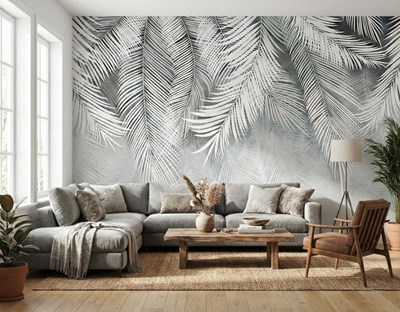 Behang met witte palmbladeren