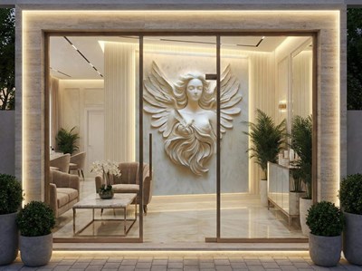 Behang met reliëf van een gevleugelde engel