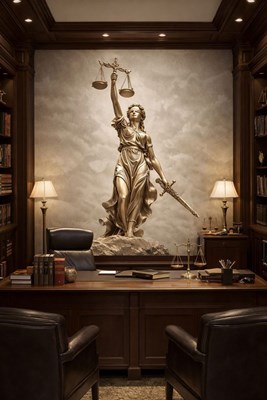 Beeld van de godin van de gerechtigheid als achtergrond