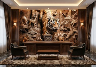 3D-behang met houtsnijwerk en tijgermotief