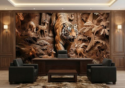 3D-behang met houtsnijwerk en tijgermotief