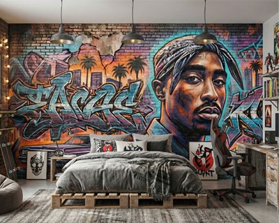 Behang met graffitikunst op baksteen