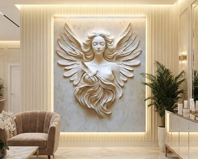 Behang met reliëf van een gevleugelde engel