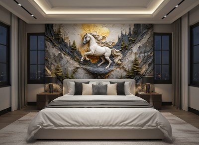 Behang met reliëfafbeelding van een wit paard