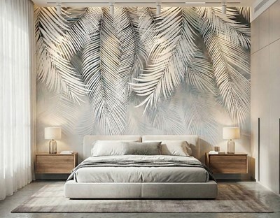 Behang met witte palmbladeren