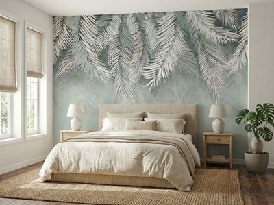 Behang met witte palmbladeren