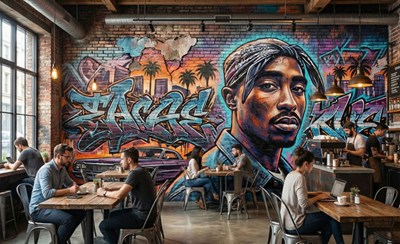 Behang met graffitikunst op baksteen