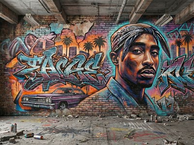 Behang met graffitikunst op baksteen