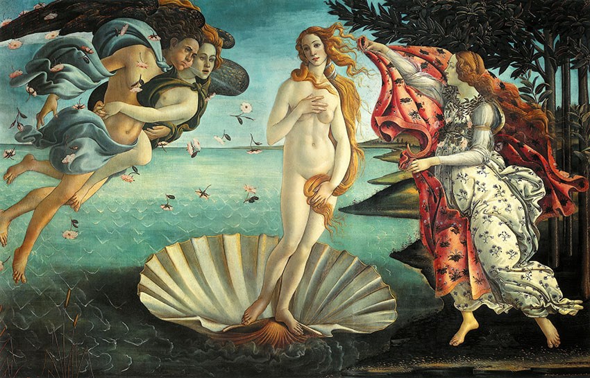 Botticelli's schilderij ‘De geboorte van Venus’ als achtergrond 