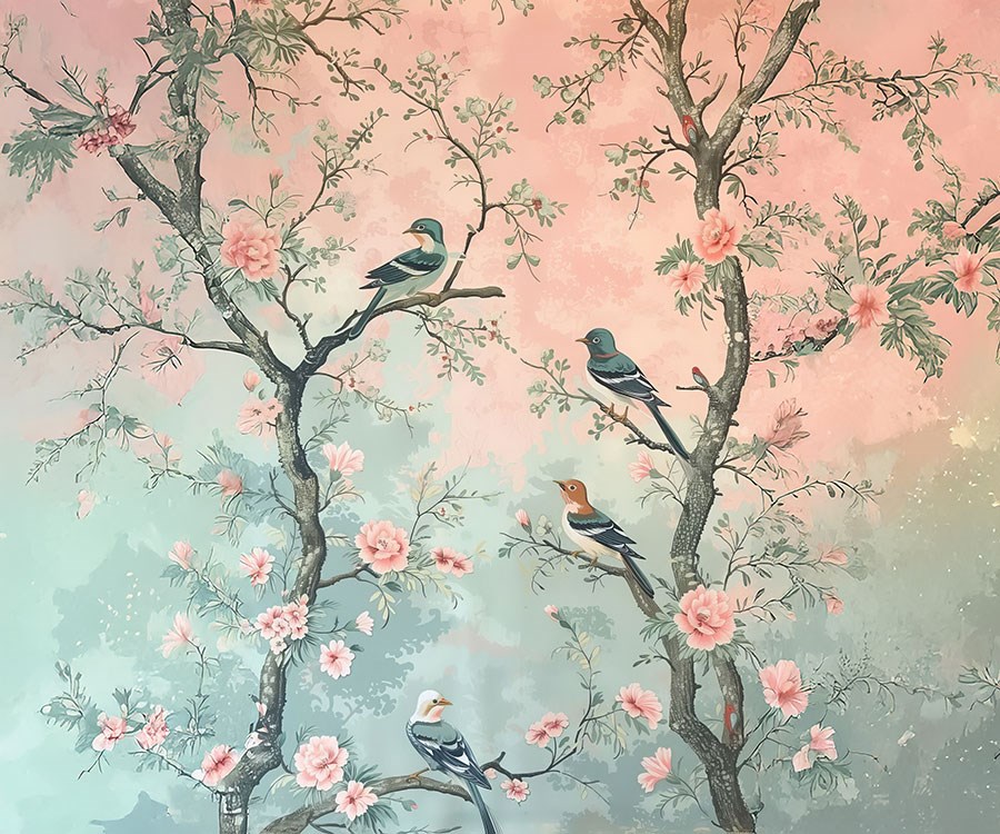 Behang met bloemtakken en vogels