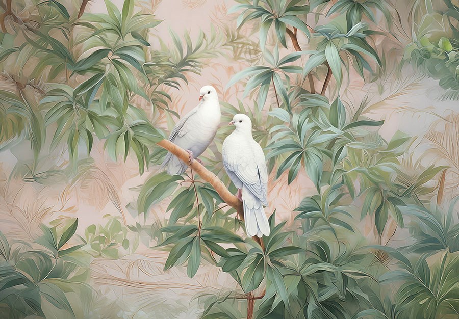 Behang met duiven in de boomtakken