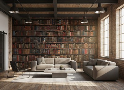 Behang met bibliotheekmotief