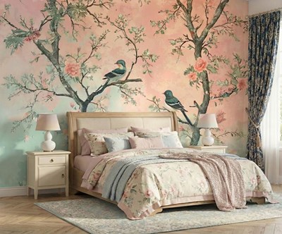 Behang met bloemtakken en vogels